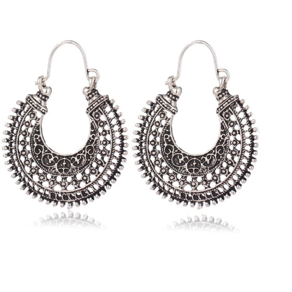 Tibetian Silver Round Ear Hook Tribal Earrings - Picture 6 of 7